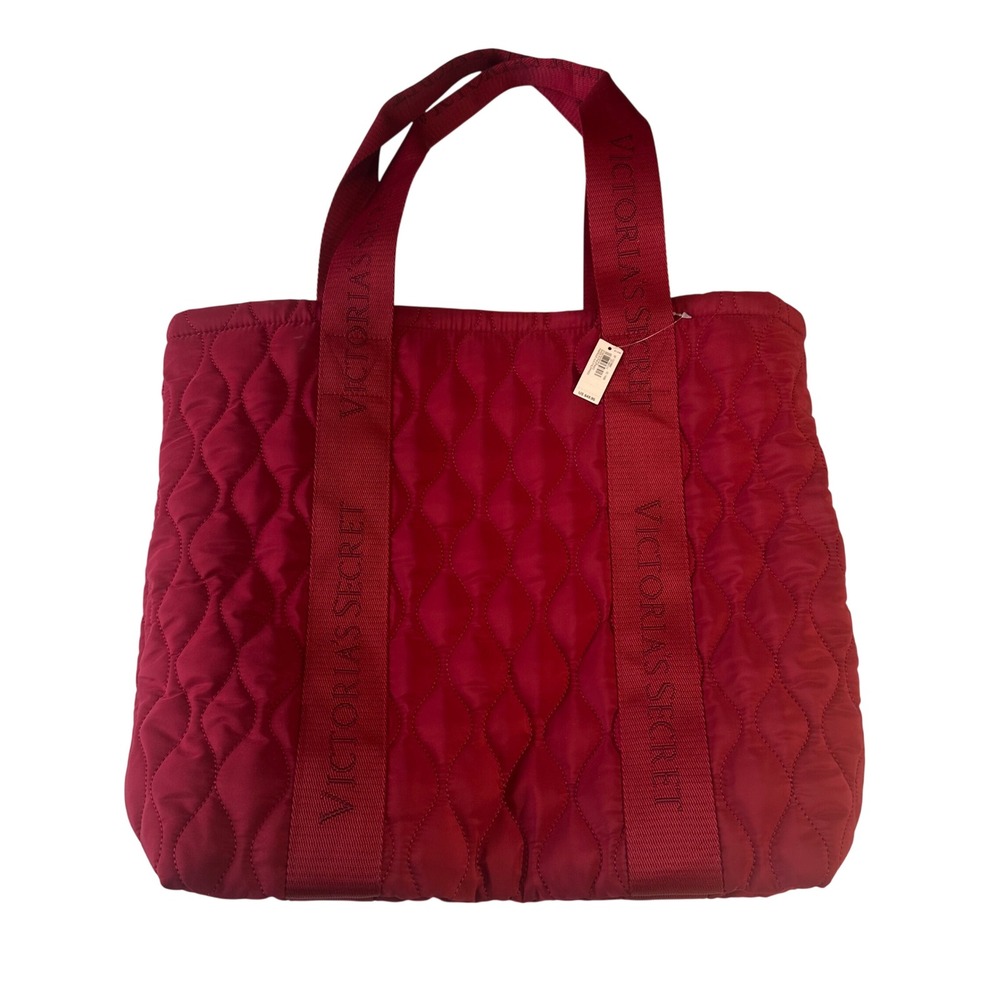 Victorias Secret Red Quilted Puffer Tote Bag Logo Straps Travel Gym NWT